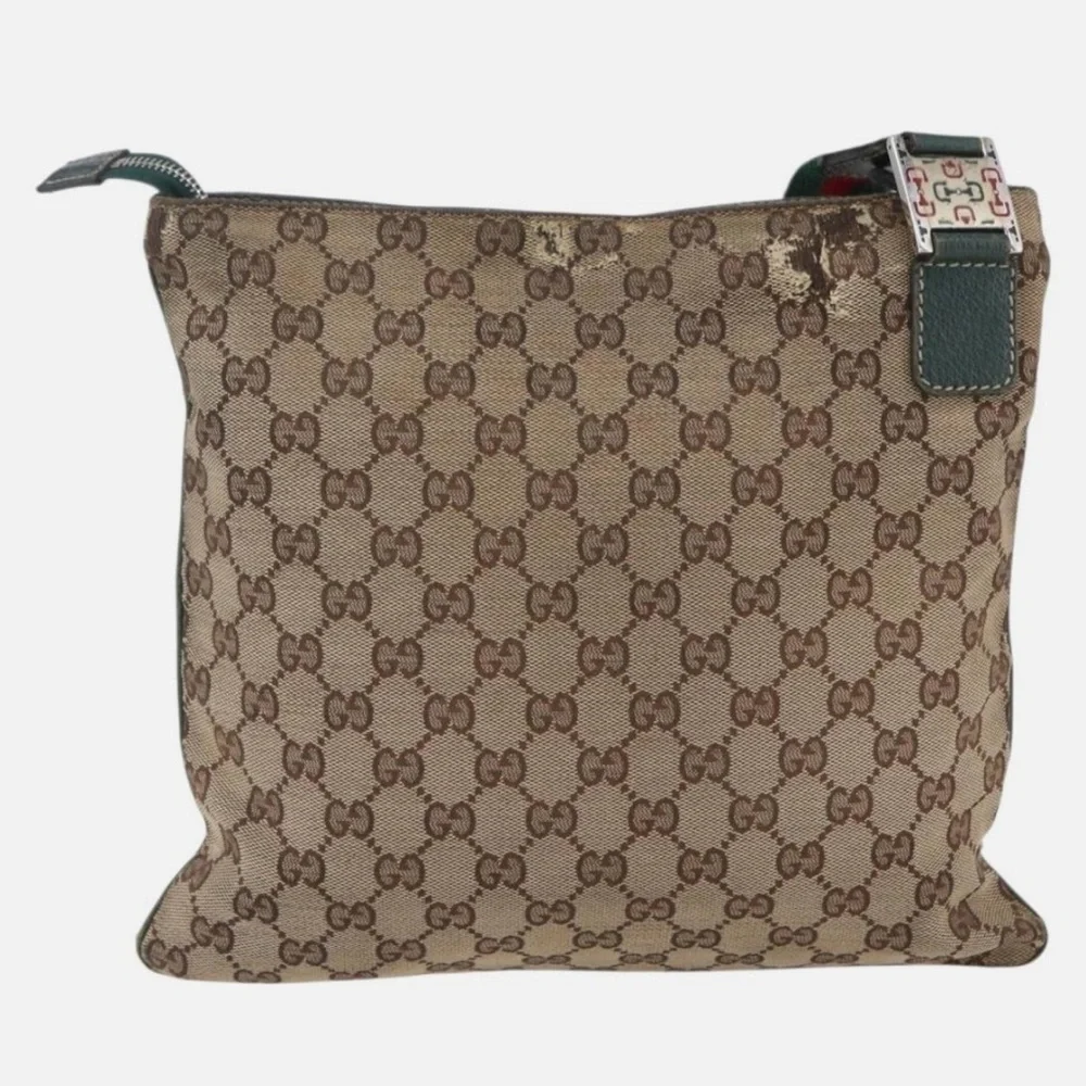 Gucci Beige Brown GG Canvas Messenger Bag with Green-Red Strap